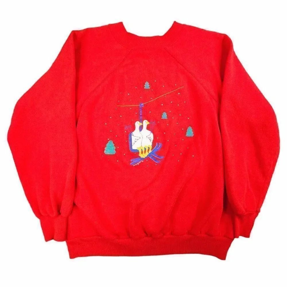 Vintage Ski Geese Sweatshirt Mens Size Small Red 80s Ski Lift Made In USA